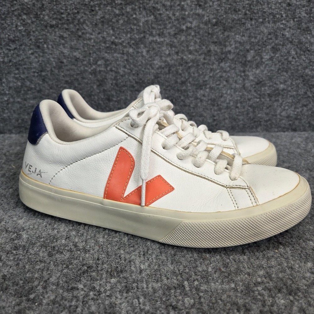 VEJA Shoes Womens Size 9 White Leather Low Top Orange V Logo Made In Brazil